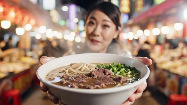Woman at Shilin Night Market Recommends Award-Winning Beef Noodle Soup in Taipei