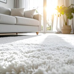 Bright, clean white carpet, sunlit living room