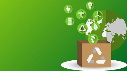Eco friendly recycling box with green energy icons and world map