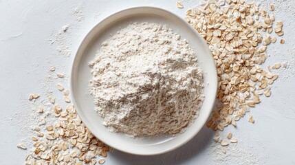 Oat flour and rolled oats on white surface for baking