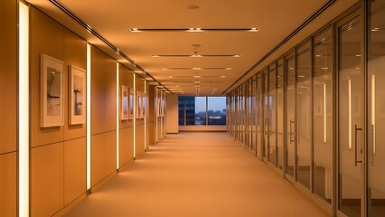Long modern office corridor with warm lighting and glass partitions