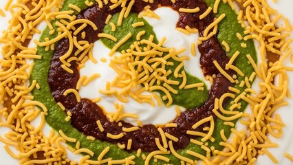 Close-up of Indian Savory Yogurt and Chutney Snack with Sev indian street food chaat