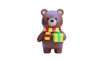 Cute cartoon bear holding a gift with a striped scarf