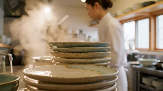 Busy restaurant kitchen with steam rising from cooking and focus on stack of decorative ceramic plates