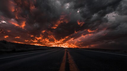 A long asphalt road leading towards a fiery sunset under a dramatic, cloudy sky