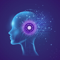 Futuristic human head with glowing circuit board brain technology