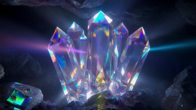 Drone floodlights passing through thick transparent crystal, splitting into cinematic rainbow light beams, 4K.