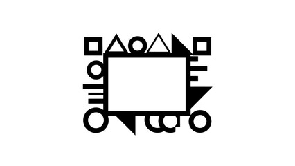 A black and white abstract geometric composition, featuring squares, circles, triangles, and rectangles, arranged around a central open square space