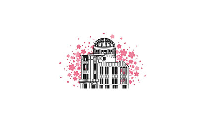 A black and white architectural illustration featuring a dome-topped structure, with pink cherry blossom flowers around it, all against a white backdrop