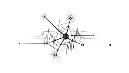 A black and white abstract geometric design, featuring lines, circles, radiating shapes and wave-like patterns