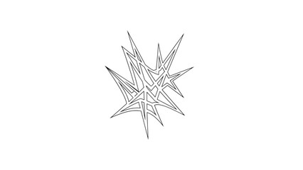 A black and white abstract geometric design features sharp, intersecting lines. It's set against a blank, white backdrop. The central focus presents an intricate structure