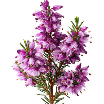 Close-up of a blooming purple heather plant against a black background