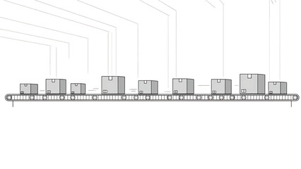 A black and white depiction of a conveyor belt transporting multiple packages, lines extend above. The boxes vary in size