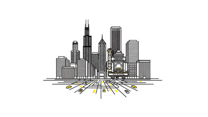 A black and white cityscape with yellow road lines and cars. Buildings are outlined, with one featuring marquee-style details. Yellow car accents on the road