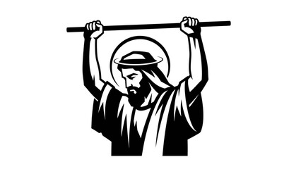 A black and white depiction of a person with a beard and robe holding a bar above their head, with a halo