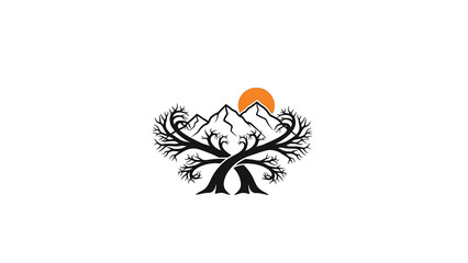 A black and white design features intertwined tree branches forming a stylized shape with mountains and a sunrise