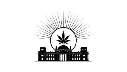 A black and white emblem featuring a building silhouette topped with a cannabis leaf within a sunburst circle. The style is graphic