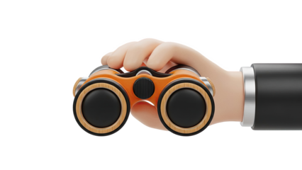 Cartoon hand holding orange and wood binoculars