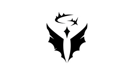 A black and white emblem featuring a stylized bat-like shape with wings, a central vertical element, and shapes above. The background is pure white