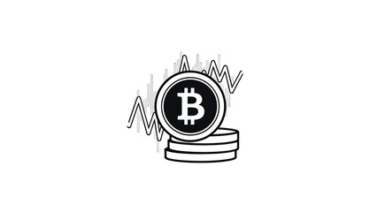 A black and white graphic depicting a cryptocurrency symbol stacked on coins with market fluctuations in the background. Illustrates digital finance