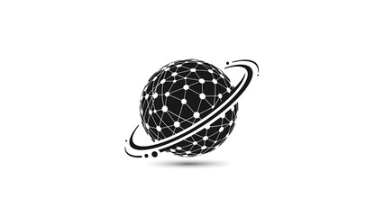 A black and white graphic depicting a globe-like structure composed of interconnected dots, encircled by a curving ring. Shadowed