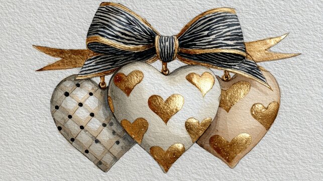 Watercolor illustration of three overlapping ceramic heart ornaments in cream, ivory, and taupe with gingham and gold accents, zebra print bow, floating hearts, elegant modern feminine glam style