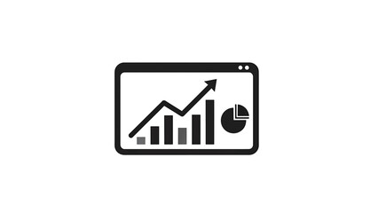 A black and white graphic depicting business statistics. Display includes a bar graph with an upward trend, a line graph, and a pie chart on a screen