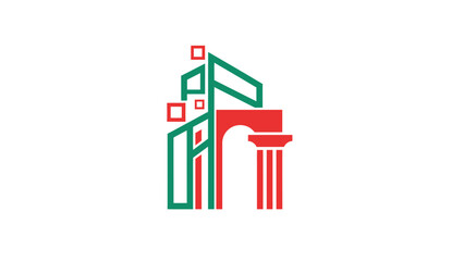 Architectural design logo featuring a building with a unique artistic style and color scheme.