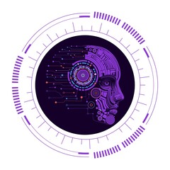 Futuristic robotic head with circuit board design and purple hue