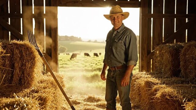 Farmer standing in barn doorway with pitchfork, smiling and looking at the camera, with hay bales on both sides