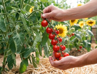 Hands harvesting fresh organic cherry tomatoes from garden plant