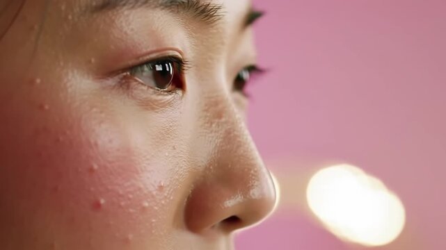 A close-up side profile of a person's face with acne on their cheeks and nose against a pink background with blurred lights