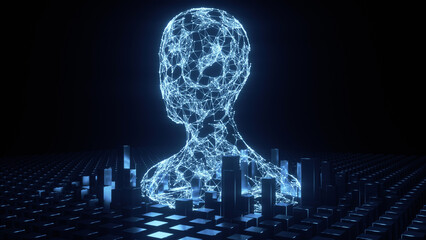 Glowing blue digital human head with futuristic cityscape background