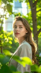 Serene Portrait: A young person with flowing hair gazes serenely into the distance, surrounded by lush foliage, evoking a sense of tranquility and connection with nature.