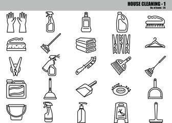 House Cleaning Line Icons Set &ndash; Cleaning Tools, Home Hygiene & Housekeeping Outline Symbols, Editable Vector Pack