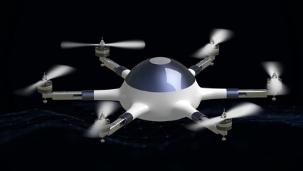 Advanced drone with multiple propellers flying in dark background