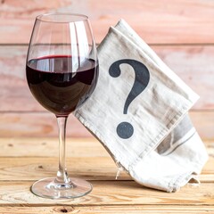 Wine glass of red wine beside a cloth with a question mark