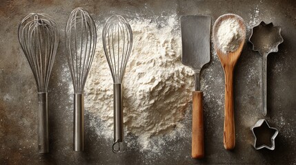 Baking tools and flour on a rustic kitchen surface for cooking