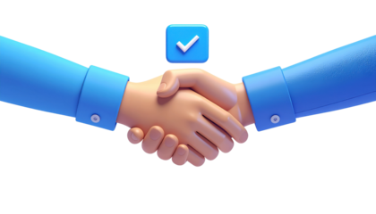 Successful business agreement with handshake and confirmation checkmark in 3D illustration