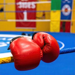 Red boxing gloves on ropes (1)