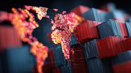 Conceptual Blurred World Map with Shipping Container Stack for Global Trade
