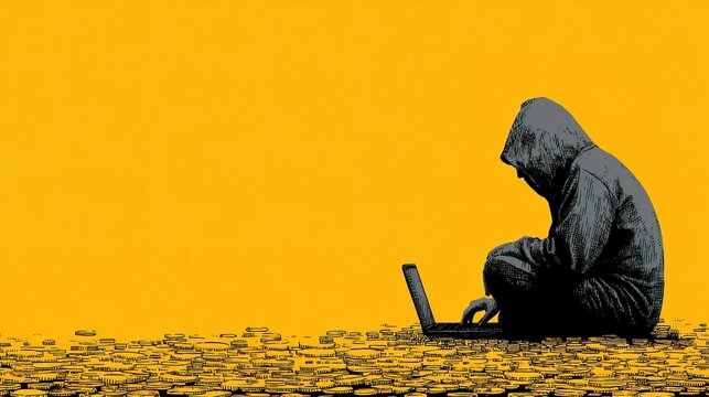 Digital Illustration of Hacker Surrounded by Pile of Coin Exploiting Vulnerability