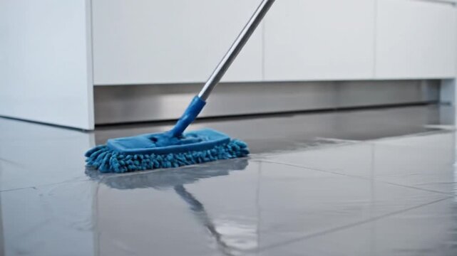 Cleaning a shiny tile floor with a blue mop in a modern kitchen, reflecting light from the windows
