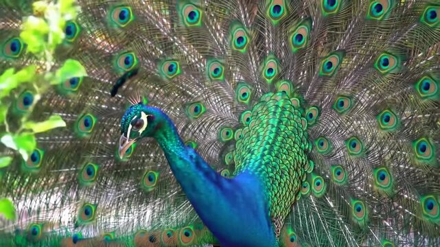 A vibrant blue peacock displays its stunning plumage with bright green and blue eyespots fanned out behind it in a lush outdoor setting