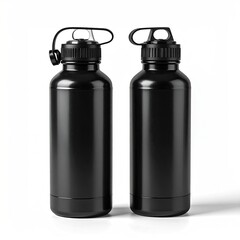 Two identical black stainless steel water bottles