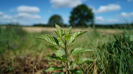 Young withania plant growing in countryside field, dicot traits