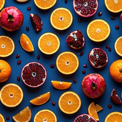Fruit pattern oranges & pomegranates on blue