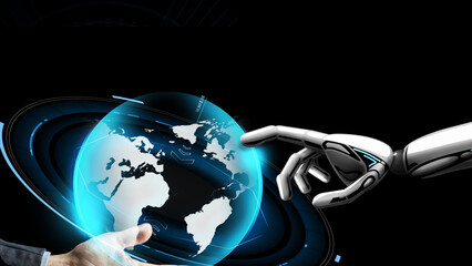 Human and robotic hands connect over a glowing blue globe
