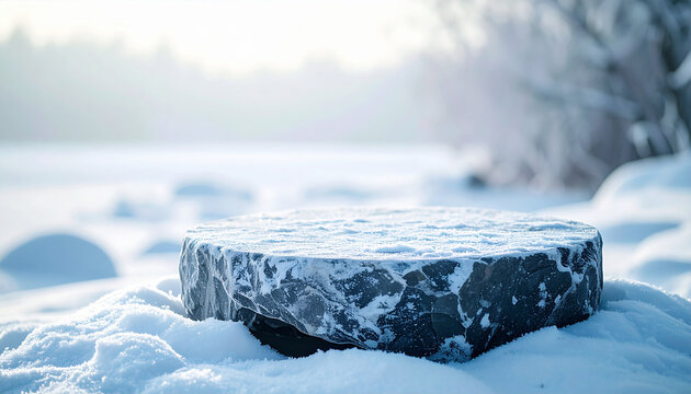 Empty stone pedestal on snowy ground, cold winter season, minimalist product presentation, frozen