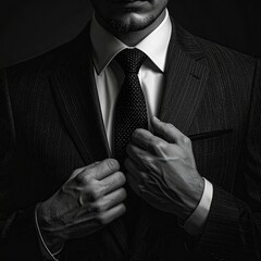 Man in suit, adjusting tie